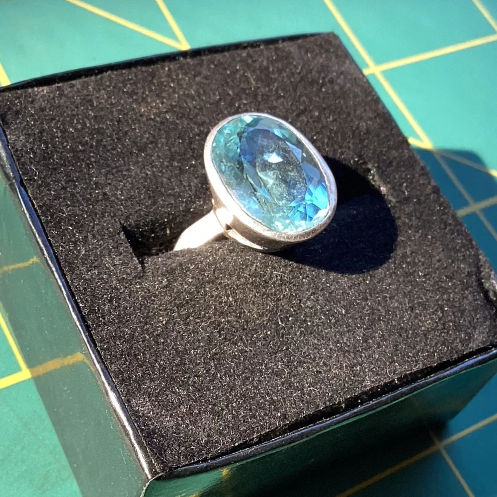 Blue Topaz Faceted Sterling Silver Ring Sz 9 Bohemian Crystals Gems Hippie Gifts